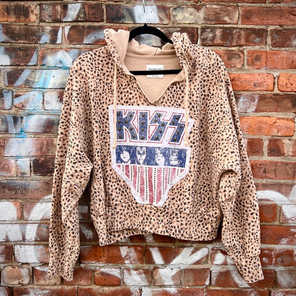 KISS Upcycled Rock N Roll Leopard Print Modern Hoodie - Black - Size Large